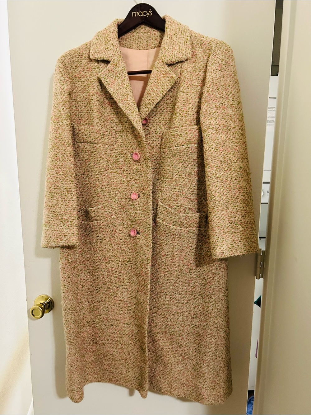 Wool Blend Long Coat with Pink Buttons
